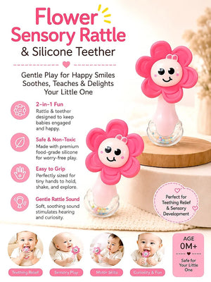 Mulberro Pink Flower Silicone Baby Teether with Rattle | 2-in-1 Sensory Rattle Teether | 0M+ - Teether
