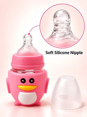Mulberro Pink Glass Penguin Baby Feeding Bottle — 120ml | Soft Silicone Teat | BPA Free - Baby Food & Storage
