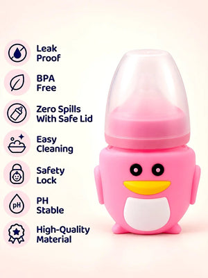 Mulberro Pink Glass Penguin Baby Feeding Bottle — 120ml | Soft Silicone Teat | BPA Free - Baby Food & Storage