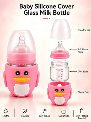 Mulberro Pink Glass Penguin Baby Feeding Bottle — 120ml | Soft Silicone Teat | BPA Free - Baby Food & Storage