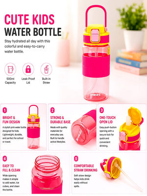 Mulberro Pink Kids Water Bottle — 500ml | One-Touch Flip Lid & Built-in Straw - Water Bottle