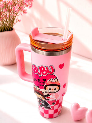 Mulberro Pink Labubu Love Heart Stainless Steel Tumbler | Slide Lid & Reusable Straw - Water Bottle