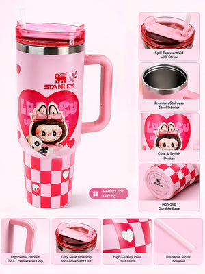 Mulberro Pink Labubu Love Heart Stainless Steel Tumbler | Slide Lid & Reusable Straw - Water Bottle