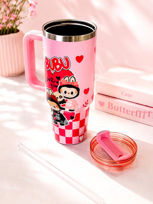 Mulberro Pink Labubu Love Heart Stainless Steel Tumbler | Slide Lid & Reusable Straw - Water Bottle