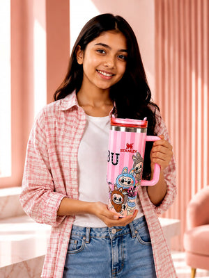 Mulberro Pink Labubu Stainless Steel Kids Tumbler — 40oz / 1.18L | Straw Lid & Handle - Water Bottle
