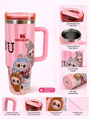 Mulberro Pink Labubu Stainless Steel Kids Tumbler — 40oz / 1.18L | Straw Lid & Handle - Water Bottle
