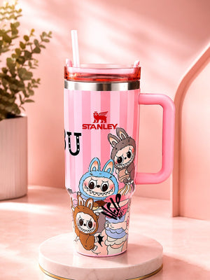 Mulberro Pink Labubu Stainless Steel Kids Tumbler — 40oz / 1.18L | Straw Lid & Handle - Water Bottle