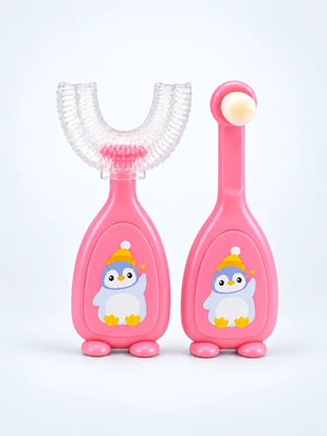 Mulberro Pink Penguin 2-in-1 Kids' Toothbrush Set | U-Shaped Silicone + Round Brush | Toddlers & Babies - Teether