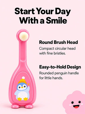 Mulberro Pink Penguin 2-in-1 Kids' Toothbrush Set | U-Shaped Silicone + Round Brush | Toddlers & Babies - Teether