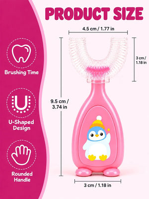 Mulberro Pink Penguin 2-in-1 Kids' Toothbrush Set | U-Shaped Silicone + Round Brush | Toddlers & Babies - Teether