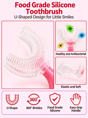 Mulberro Pink Penguin 2-in-1 Kids' Toothbrush Set | U-Shaped Silicone + Round Brush | Toddlers & Babies - Teether