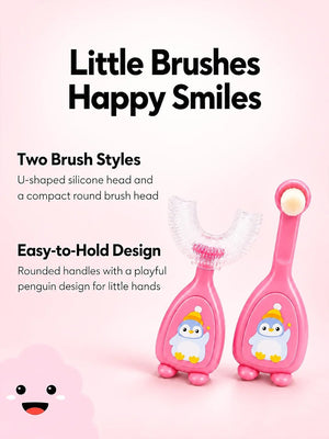 Mulberro Pink Penguin 2-in-1 Kids' Toothbrush Set | U-Shaped Silicone + Round Brush | Toddlers & Babies - Teether