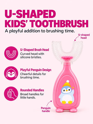 Mulberro Pink Penguin 2-in-1 Kids' Toothbrush Set | U-Shaped Silicone + Round Brush | Toddlers & Babies - Teether
