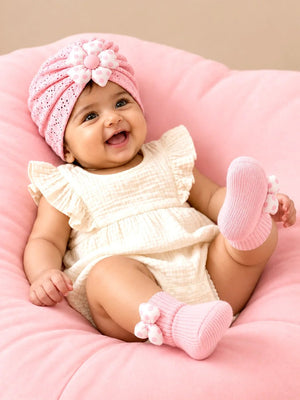 Mulberro Pink Polka Dot Flower Turban Cap & 3D Bow Booties Set | Eyelet Fabric | Baby Girls 0–12 Months - Kids Accessories
