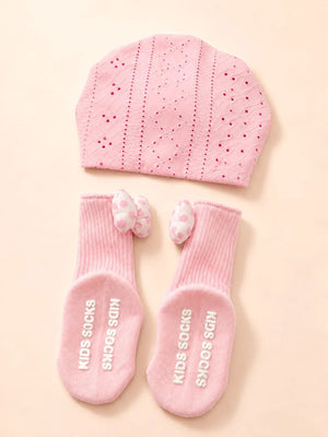 Mulberro Pink Polka Dot Flower Turban Cap & 3D Bow Booties Set | Eyelet Fabric | Baby Girls 0–12 Months - Kids Accessories
