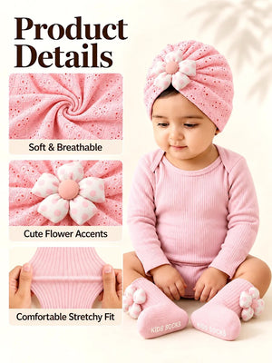 Mulberro Pink Polka Dot Flower Turban Cap & 3D Bow Booties Set | Eyelet Fabric | Baby Girls 0–12 Months - Kids Accessories