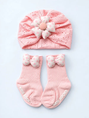 Mulberro Pink Polka Dot Flower Turban Cap & 3D Bow Booties Set | Eyelet Fabric | Baby Girls 0–12 Months - Kids Accessories