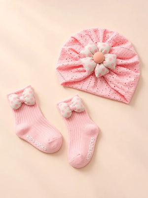 Mulberro Pink Polka Dot Flower Turban Cap & 3D Bow Booties Set | Eyelet Fabric | Baby Girls 0–12 Months - Kids Accessories