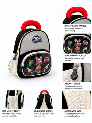 Mulberro Racing Car Kids Backpack with 3D Front Pocket & Padded Handle – Black & Grey - School Bag