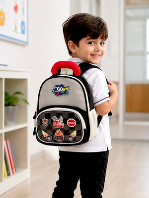 Mulberro Racing Car Kids Backpack with 3D Front Pocket & Padded Handle – Black & Grey - School Bag
