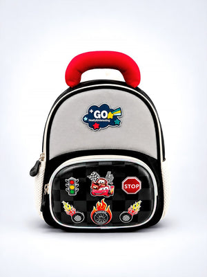 Mulberro Racing Car Kids Backpack with 3D Front Pocket & Padded Handle – Black & Grey - School Bag