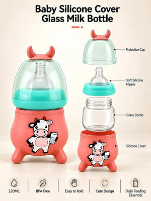 Mulberro Red Glass Cow Baby Feeding Bottle — 120ml | Soft Silicone Teat | BPA Free - Baby Food & Storage