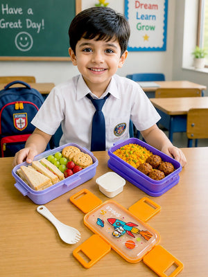 Mulberro Space Astronaut 2-Tier Kids Lunch Box | Stainless Steel | Leak-Proof | Spork & Sauce Box Included - Baby Food & Storage
