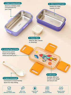 Mulberro Space Astronaut 2-Tier Kids Lunch Box | Stainless Steel | Leak-Proof | Spork & Sauce Box Included - Baby Food & Storage