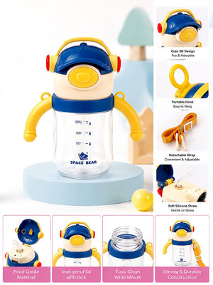 Mulberro Space Bear 3D Robot Sipper Bottle for Infants & Toddlers | Soft Straw, Easy-Grip Handles & Shoulder Strap - Water Bottle