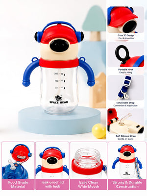 Mulberro Space Bear Sipper Bottle for Infants & Kids — Soft Silicone Straw, Easy-Grip Handles & Shoulder Strap - Water Bottle