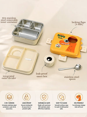 Mulberro Super Dinosaur Kids Stainless Steel Lunch Box with Compartments & Spoon - Baby Food & Storage