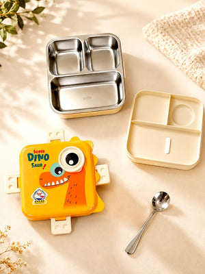Mulberro Super Dinosaur Kids Stainless Steel Lunch Box with Compartments & Spoon - Baby Food & Storage