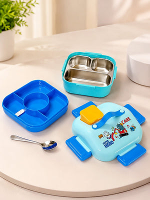 Mulberro Super Hero 2-Tier Kids Lunch Box | Stainless Steel | Leak-Proof | Sauce Box & Spoon Included - Baby Food & Storage