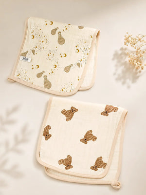 Mulberro Teddy Bear & Starry Night Muslin Burp Cloth | Set of 2 | 100% Pure Cotton | - Baby Bibs