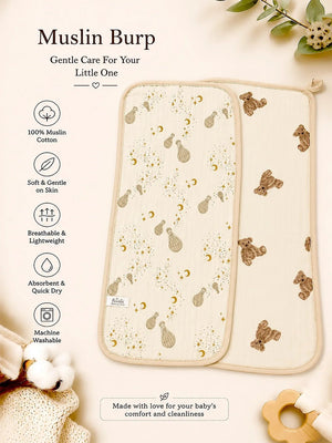 Mulberro Teddy Bear & Starry Night Muslin Burp Cloth | Set of 2 | 100% Pure Cotton | - Baby Bibs