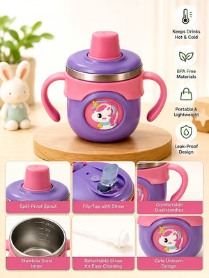 Mulberro Unicorn Stainless Steel Sipper Bottle for Babies & Toddlers — 250ml | Spill-Proof Spout, Flip Straw & Dual Handles - Water Bottle
