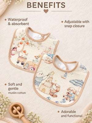 Mulberro Waterproof Muslin Bib | Bear & Fairytale Adventure 2-Piece Organic Muslin Cotton Baby Bibs | Snap Closure - Baby Bibs