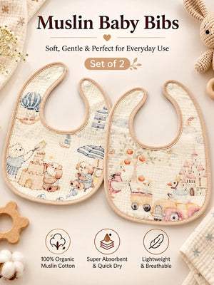 Mulberro Waterproof Muslin Bib | Bear & Fairytale Adventure 2-Piece Organic Muslin Cotton Baby Bibs | Snap Closure - Baby Bibs