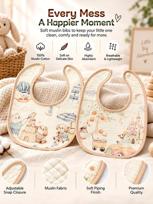 Mulberro Waterproof Muslin Bib | Bear & Fairytale Adventure 2-Piece Organic Muslin Cotton Baby Bibs | Snap Closure - Baby Bibs