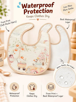 Mulberro Waterproof Muslin Bib | Bear & Fairytale Adventure 2-Piece Organic Muslin Cotton Baby Bibs | Snap Closure - Baby Bibs