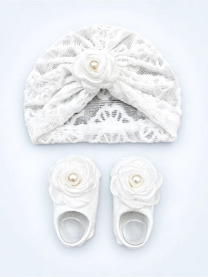 Mulberro White 3D Rose Turban Cap & Pearl Flower Booties Set | Lace Mesh | Baby Girls 0–12 Months - Kids Accessories