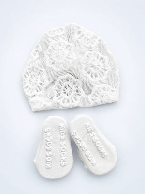 Mulberro White 3D Rose Turban Cap & Pearl Flower Booties Set | Lace Mesh | Baby Girls 0–12 Months - Kids Accessories