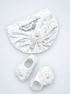 Mulberro White 3D Rose Turban Cap & Pearl Flower Booties Set | Lace Mesh | Baby Girls 0–12 Months - Kids Accessories