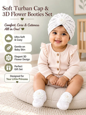 Mulberro White 3D Rose Turban Cap & Pearl Flower Booties Set | Lace Mesh | Baby Girls 0–12 Months - Kids Accessories