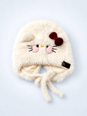 Mulberro Winter Cap | Cream Cat Baby | Soft Plush Fleece Earflaps & Chin Tie | 0–24 Months - Kids Accessories