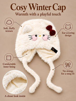 Mulberro Winter Cap | Cream Cat Baby | Soft Plush Fleece Earflaps & Chin Tie | 0–24 Months - Kids Accessories