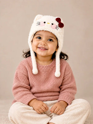 Mulberro Winter Cap | Cream Cat Baby | Soft Plush Fleece Earflaps & Chin Tie | 0–24 Months - Kids Accessories