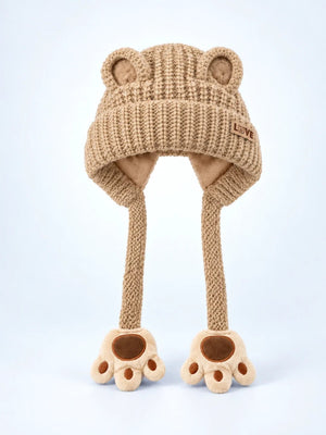 Mulberro Winter Knit Cap Beige Bear Kids | Soft Knit Beanie, 3D Ears, Plush Paw Straps & Fleece Lined | 1–3 Years - Kids Accessories