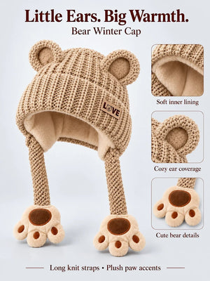 Mulberro Winter Knit Cap Beige Bear Kids | Soft Knit Beanie, 3D Ears, Plush Paw Straps & Fleece Lined | 1–3 Years - Kids Accessories