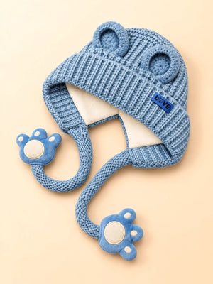 Mulberro Winter Knit Cap Blue Bear Kids | Soft Knit Beanie, 3D Ears, Plush Paw Straps & Fleece Lined | 1–3 Years - Kids Accessories
